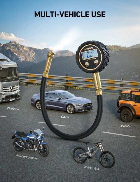 AstroAI tire pressure gauge with backlit LED, brass body, rubber hose, air bleed valve, 3–250 PSI