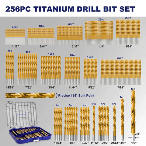 276 Piece Titanium Twist Drill Bit Set With S2 Bits 135 Degree Tip High Speed Steel Heavy Duty From 1/16 To 1/2 Inch For Wood Metal Aluminum Plastic Fiberglass In Clear Lid Case.