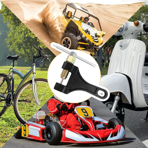 Heavy Duty Motorcycle Chain Breaker Tool For Chain Link Removal Fits 420 428 520 525 528 530 shown with bikes and karts