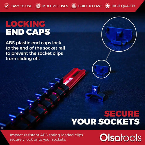 Three Eighths Inch Drive Aluminum Socket Organizer With Locking End Caps Beefy Ball Bearing Clips Pro Grade Heavy Duty Socket Holder Rack Durable Red Storage Tray For Mechanics Keeps Sockets Handy And Organized Part 1171 displayed with locking end caps.