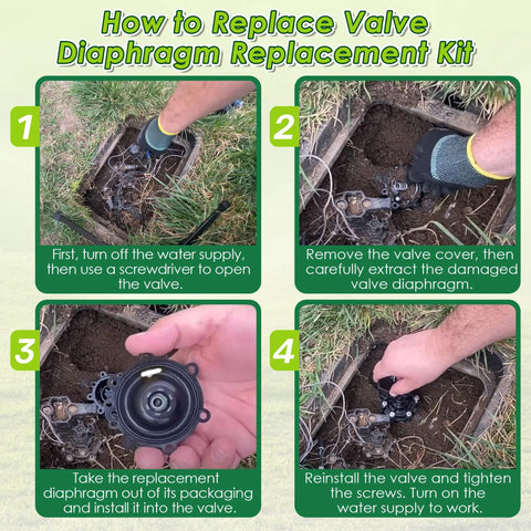 Gulfmew diaphragm repair kit for Rain Bird irrigation valves; four-step install guide with gloves and valve parts