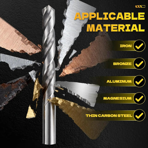 Close-up of HSS drill bit with applicable materials including iron, bronze, aluminum, magnesium, and thin carbon steel.