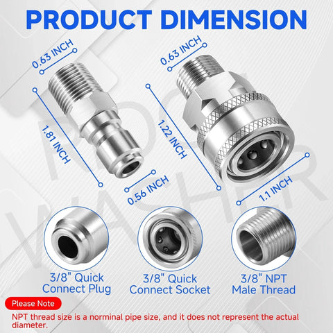 Dimensions of Stainless Steel Three Eighths Inch Pressure Washer Quick Connect Kit With 12 Adapters, Male NPT Threads, 5000 PSI