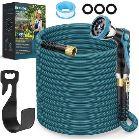 Ultra Lightweight Non Expandable Garden Hose 150 Ft With Ten Pattern Nozzle And Shut Off Valve Eliminates Arm Fatigue For Easy Maneuvering Leakproof And Kink Resistant Reinforced Fittings Holder For Yard And Outdoor Watering shown with fittings and holder