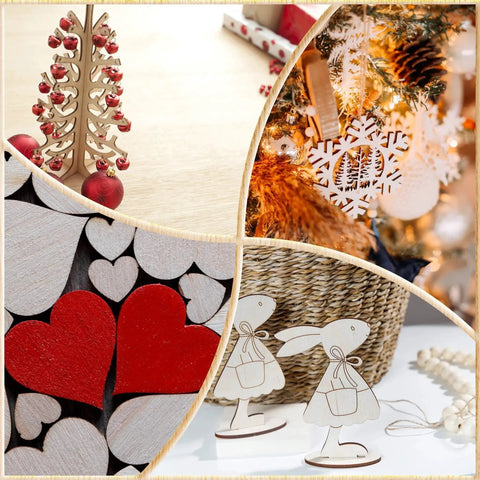 Collage of laser-cut wood crafts, including hearts, rabbits, a Christmas tree, and snowflakes, made from unfinished wood boards