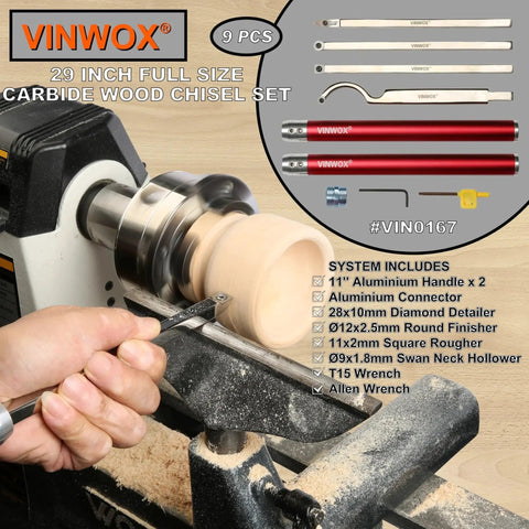 Carbide Wood Lathe Tool Set for Pen Turning with Swan Neck Hollower Rougher Finisher and Detailer Aluminum Handles 14 To 29 Inches Fine