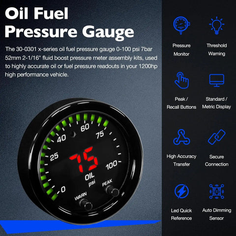X Series 52mm 2-1/16 Inch Oil And Fuel Pressure Gauge Kit 0-100 Psi 7 Bar With Digital Display Black Bezel Faceplate