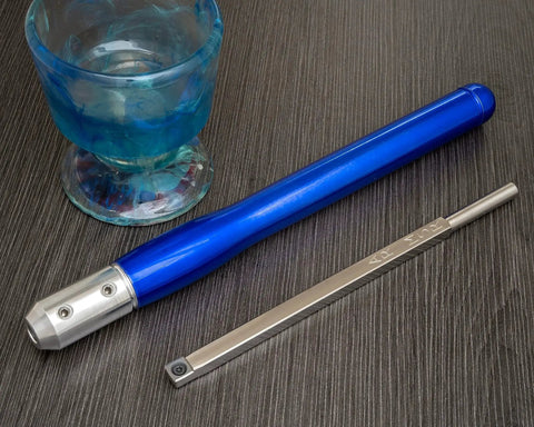 Turning Acrylic and Resin on a Wood Lathe Made Easy With This 3 Tool Carbide Set for Hybrid Projects Featuring 9 Inch Tools and 12 Inch Colorful Handles USA Made Shearing Cut Tools for Clean Consistent Results with blue handle and carbide cutter on table