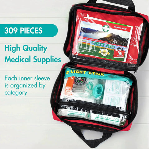 Bright Reflective 309 Piece First Aid Kit With Bandages Moleskin Pad And Emergency Blanket In A High Visibility Bag open view