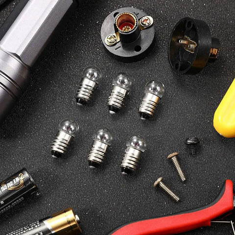 30 Piece E10 Mini Bulbs With Black Plastic Socket Holder For DIY Projects And Student Experiments, shown with tools
