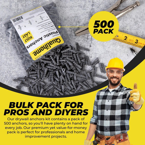 Ribbed Plastic Drywall Anchors For Secure Wall Fastening In Drywall Projects Bulk Pack Of Expandable Split Body Anchors For Drywall Size Six To Eight By Seven Eighths Inch Easy To Install With No Spinning in package with tools and worker.
