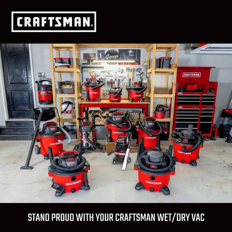 Workshop with multiple Craftsman wet/dry vacs and accessories displayed on shelves.