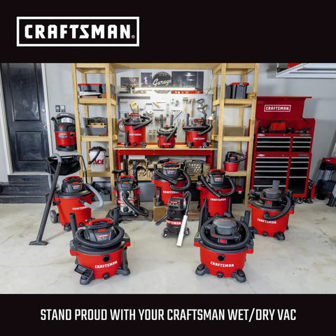 Various Craftsman wet/dry vacuums displayed in a workshop setting.