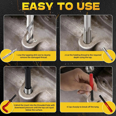 Installation steps for 322-Piece Pro Grade Helicoil Thread Repair Kit With Metric M5 To M12 And SAE Thread Restorers.
