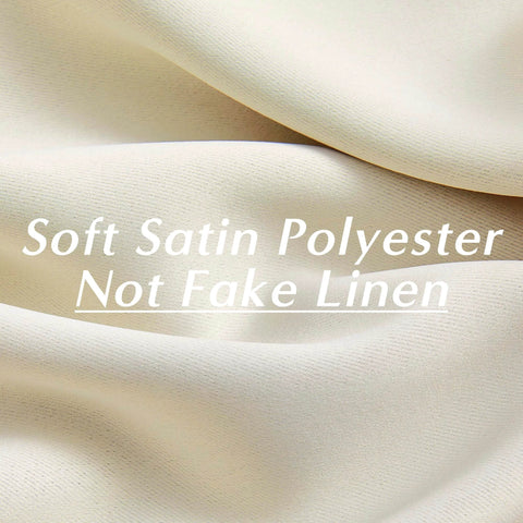 Close-up of soft satin polyester fabric with text overlay 'Soft Satin Polyester, Not Fake Linen' emphasizing material quality.