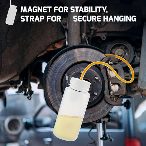 Dreyoo 16oz brake bleeder bottle kit; white plastic bottle with yellow hose mounted to car disc brake