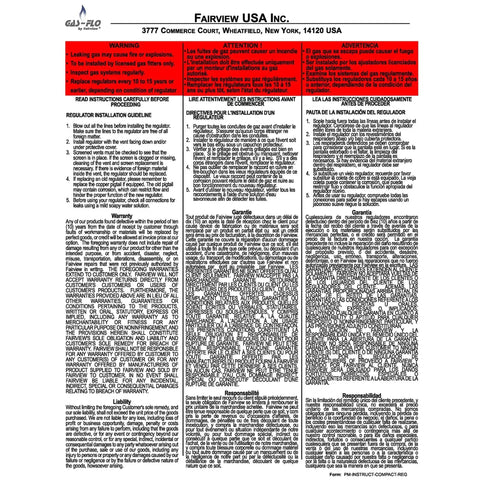 Installation and warning instructions for Compact Two Stage Propane Regulator With Integrated First And Second Stage by Fairview