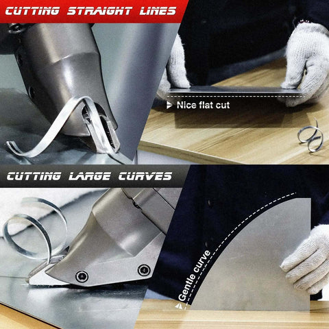 Electric Metal Cutting Shear For 14 Gauge Steel And 16 Gauge Stainless, showing straight and curved cuts on metal sheet.