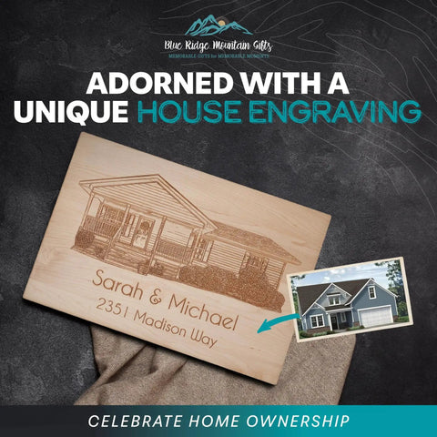 Personalized New Homeowners Cutting Board With Custom Home Image Laser Engraved Wooden Chopping Board In Cherry Maple Or Walnut For The Housewarming Gift And Realtor Closing Gift That Rocks From Blue Ridge Mountain Gifts