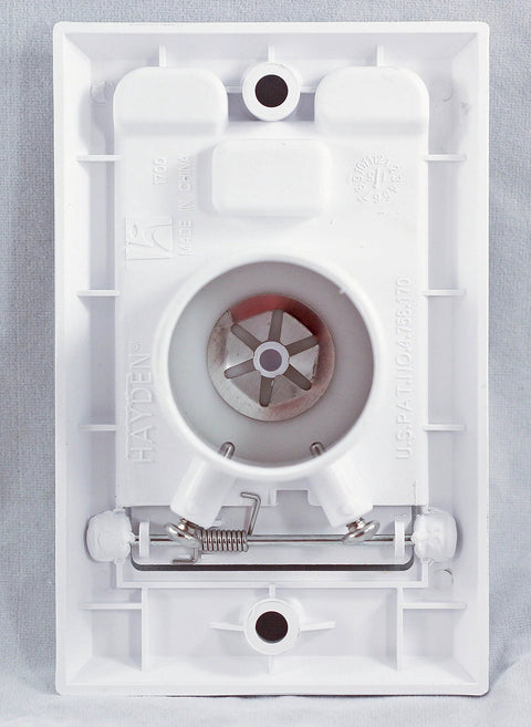 Hayden central vacuum wall inlet, white plastic with square door and round hose outlet