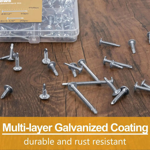 All In One Self Tapping Screws Set For Metal Wood And Plastic 125Pcs scattered on wood surface with clear organizer box
