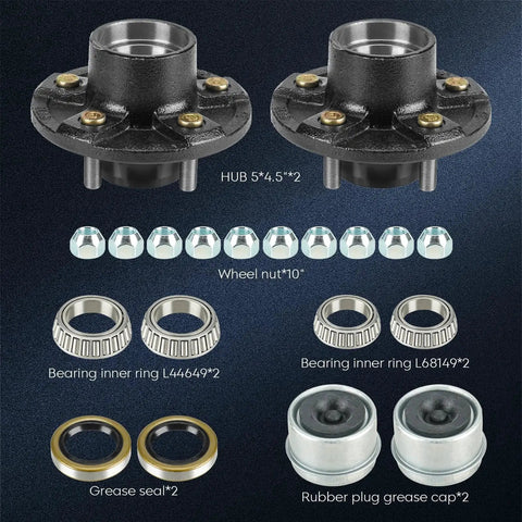 Trailer Idler Hub Kit 5x4.5 for 3500 lb Axles, 2 pack with bearings, grease seals, wheel nuts, and caps, direct fit assembly.