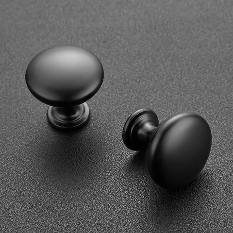 Matte Black Zinc Kitchen Cabinet Knobs And Drawer Pulls Set, 30 Pack, Euro Style Round Knobs for dressers, close-up view