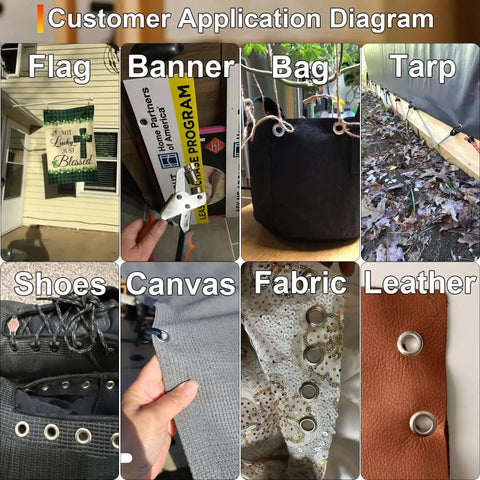 Customer application diagram of Grommet Tool Kit 500 Piece Set with 3/8 inch grommets on flag, banner, bag, tarp, shoes, canvas, fabric, leather.
