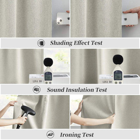 Testing 100 Percent Blackout Linen Curtains in Greyish Beige, 50x126 Inches for shading, sound insulation, and ironing durability.