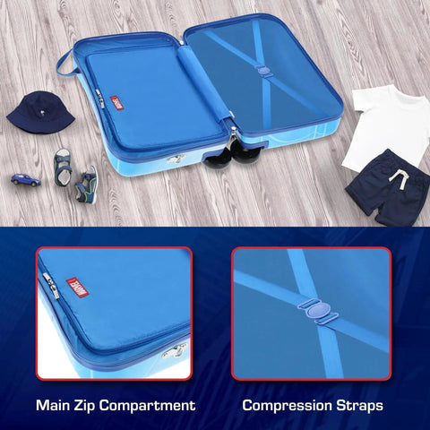 Open view of Spider-Man 19 Inch Kids Carry On Luggage With Spinner Wheels Ride On Hardshell Suitcase, showcasing main compartment and straps.