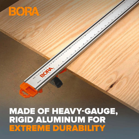 Close-up of NGX 96 Inch Clamp Edge System With Quick Connect And Quick Lock Lever on plywood showing aluminum durability.
