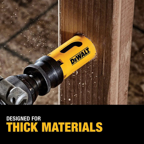 Bi Metal Hole Saw Kit For Wood Metal And Plastic With Up To 50 Percent Longer Life And Fast Plug Ejection By Dewalt A Versatile Drill Bit Set For Clean Cuts Easy Chip Removal And Durable Long Life Ideal For Framing Electrical Plumbing And DIY Projects cutting through thick wood