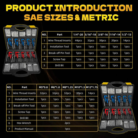 Open 322-Piece Pro Grade Helicoil Thread Repair Kit, SAE and Metric thread restorers, showing drill bits, taps, inserts, tools.