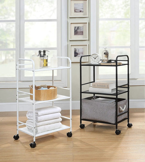 Three Tier Rolling Utility Cart With Metal Shelves On Wheels White Finish For Kitchen Office And Home Organization