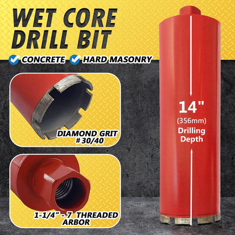 3 Inch Wet Drill Core Bits For Concrete And Hard Masonry With 10mm Segment Height And 14 Inch Drilling Depth One And A Quarter Inch Arbor Heavy Duty Diamond Core For Longer Life And Efficient Wet Drilling Wet Only visible features include diamond grit, threaded arbor, and 14-inch depth.