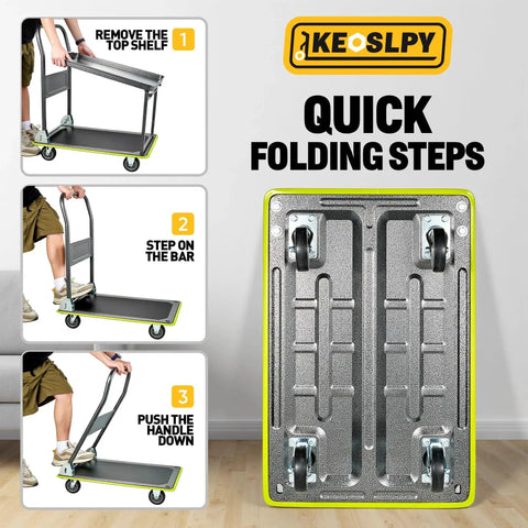 Quick folding steps for upgraded 700 lbs capacity push cart dolly with foldable platform, shown with clear instructions for users.