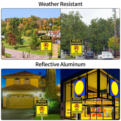 Collage showing 2 Pack No Turn Around Driveway Sign 14x10 Inch Heavy Duty Aluminum Private Driveway Signs installed in various settings
