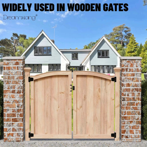 Heavy Duty Gate Hinges Three And A Half Inch Black Iron Strap Hinges for wood fence gate with 60 pound capacity, outdoor use.