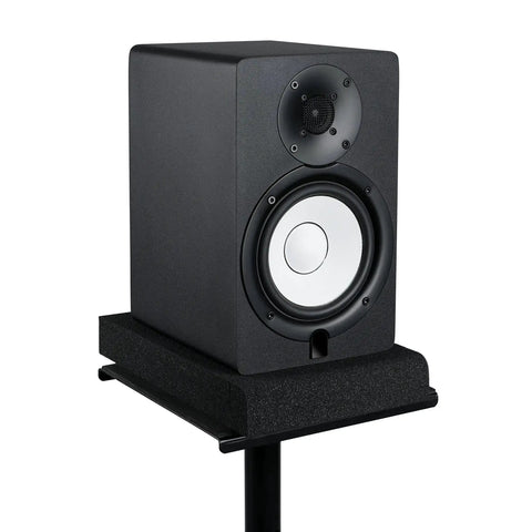 Studio Monitor Isolation Pads For 5 Inch Monitors, 2 Pack, securing black speaker on stand, high density acoustic foam reducing vibration.
