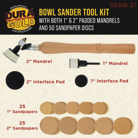 Woodturning Bowl Sander Kit with 1" & 2" hook and loop backing pads, 50 sanding discs, dual bearing, handle, mandrel by Dura Gold