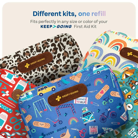 86 Piece Colorful Kids First Aid Kit Refill With Kid Friendly Bandages And Fun Stickers For KeepGoing Kits shown with colorful case designs