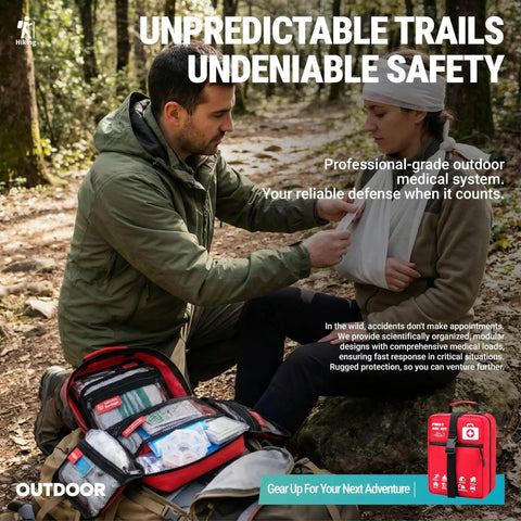 Man using 556 Piece Premium Large First Aid Kit for Home Office Travel and Sports with Labeled Compartments and Molle Tactical Rip Away Design outdoors