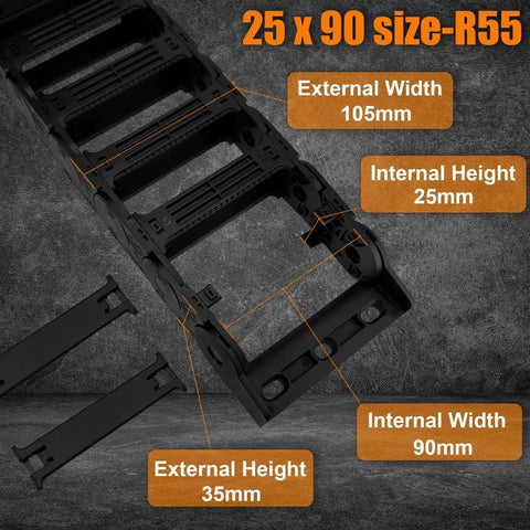 Bridge Type Drag Chain Cable Carrier For 3D Printer, Industrial CNC And Robotics, 1 Meter Length, 25 X 90 mm, R55, Black PA66 Nylon.
