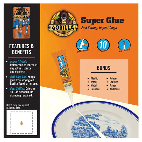Clear All Purpose Glue In Four 3 Gram Tubes With Fast Setting applied on ceramic plate bonds glass plastic metal.
