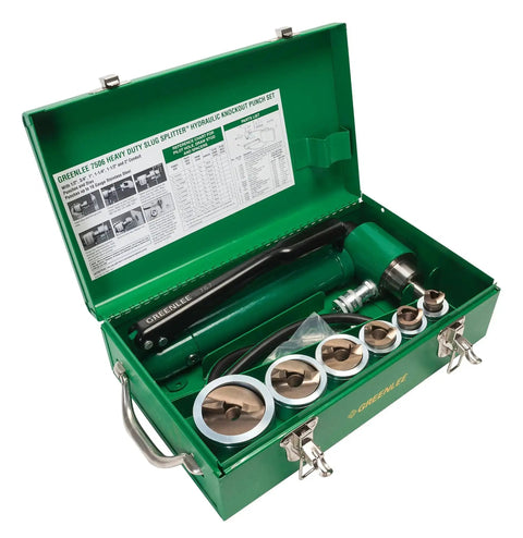 Open case showing Slug Splitter Self Centering Knockout Punch Kit With Hydraulic Ram And Pump For Fast Precise Holes In Electrical Panels