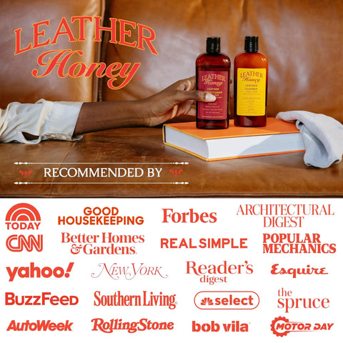 Image of Leather Honey leather cleaner bottles on a table with recommended by various top publications.