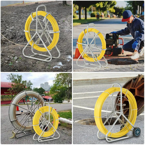Beefy Heavy Duty Fiberglass Duct Rodder 8mm By 150m 492ft With Wheel Stand for pipe runs and cable pulling, yellow.