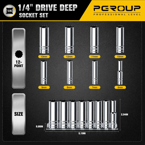 1/4 Inch Drive Deep Socket Set, 8 Piece Metric 12 Point From 6mm To 13mm, Chrome Vanadium Steel With Sturdy Holder, size chart display