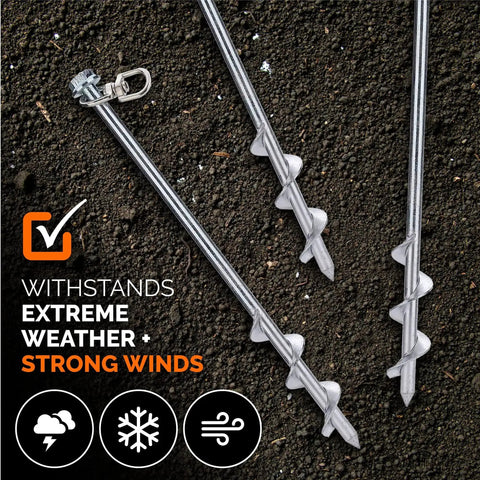 Heavy Duty Steel Screw Ground Anchors Set Of 4, 12 Inch Silver Metal Stakes for tents, trampolines, swing sets on soil surface