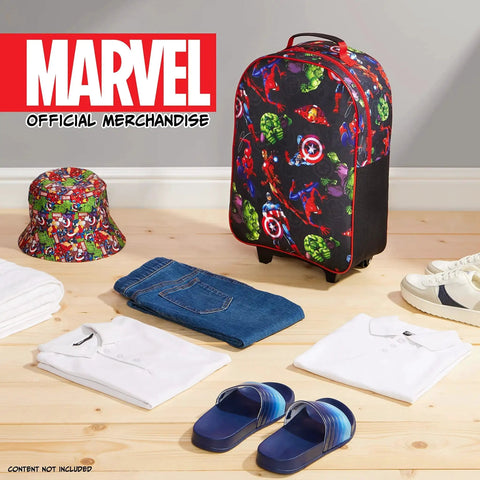 Spiderman And Marvel Avengers Foldable Kids Suitcase Carry On Luggage With Wheels, multicolor, displayed with casual clothes